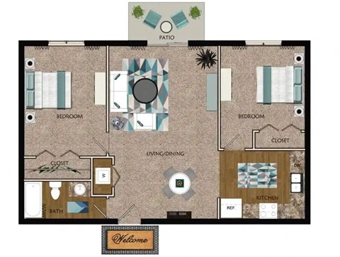 Floor plan for 2 beds, 1 bath, 850 sqft
